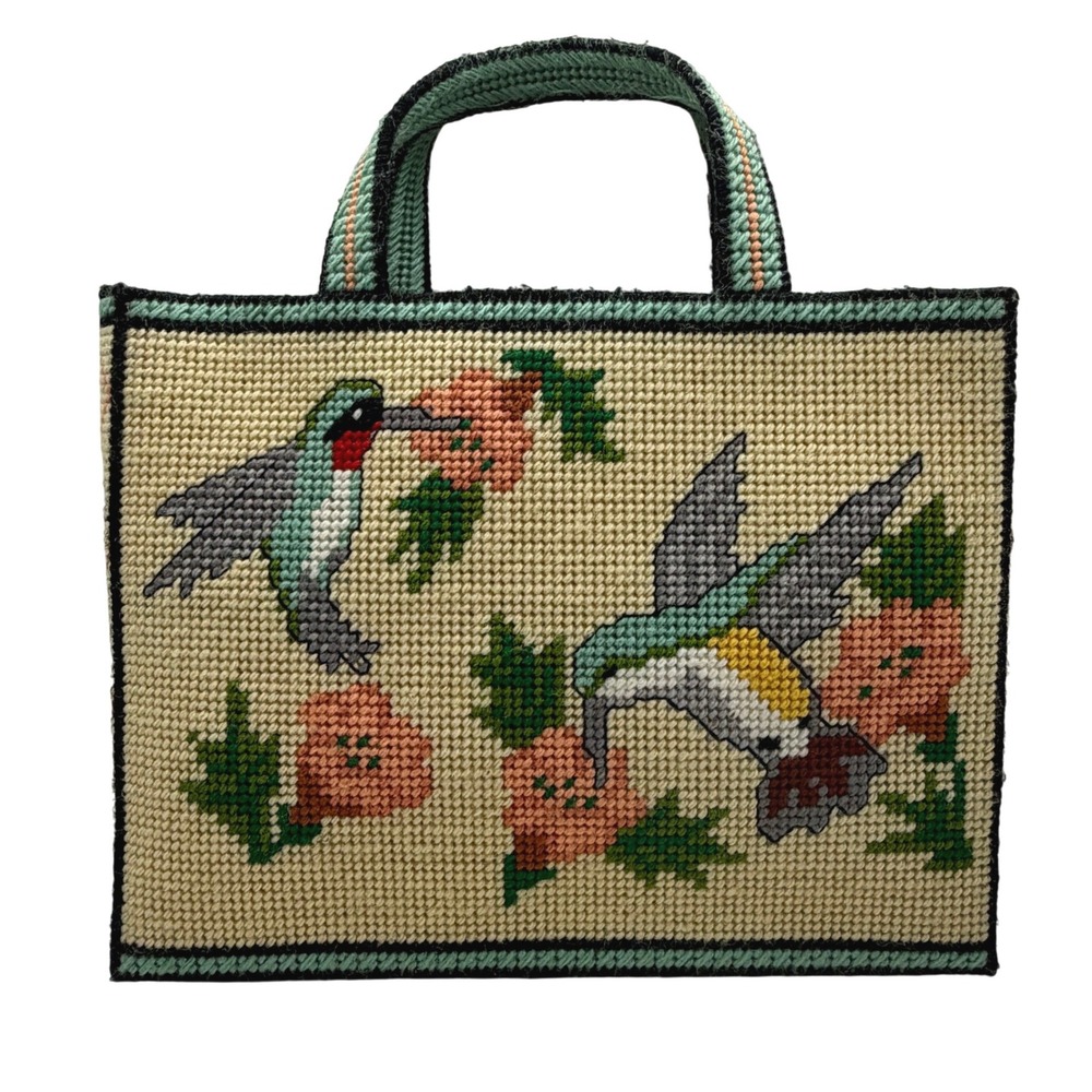 Handmade Needlepoint Hummingbird Plastic Canvas Tote Bag Floral cottagecore